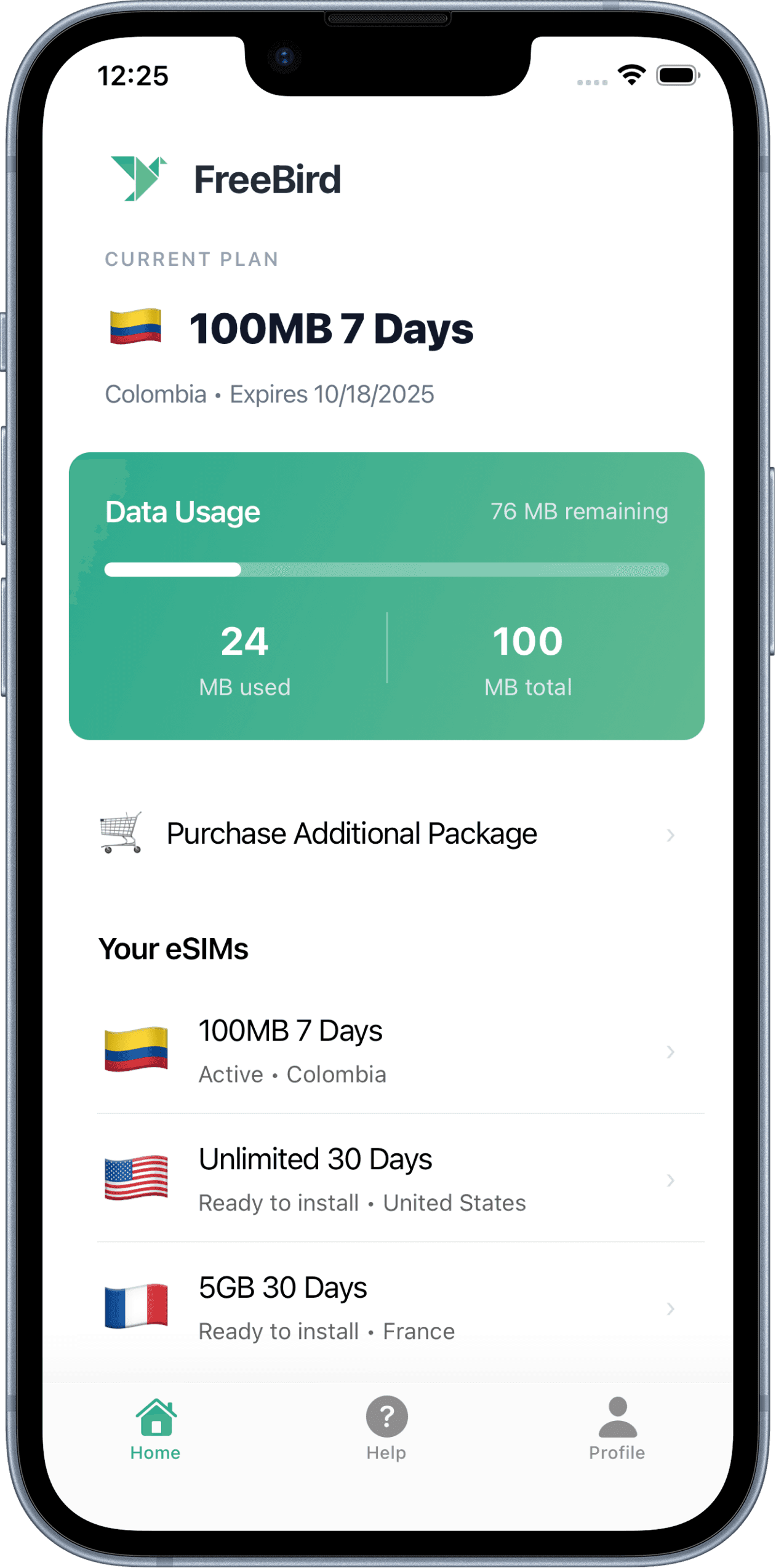 FreeBird app home screen showing travel eSIM data plans